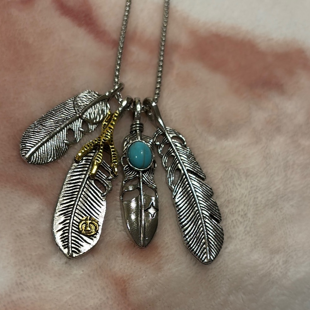 Silver Feather 4 Charm Pendant Necklace with Faux Turquoise and Gold Accents NWT - Picture 10 of 15
